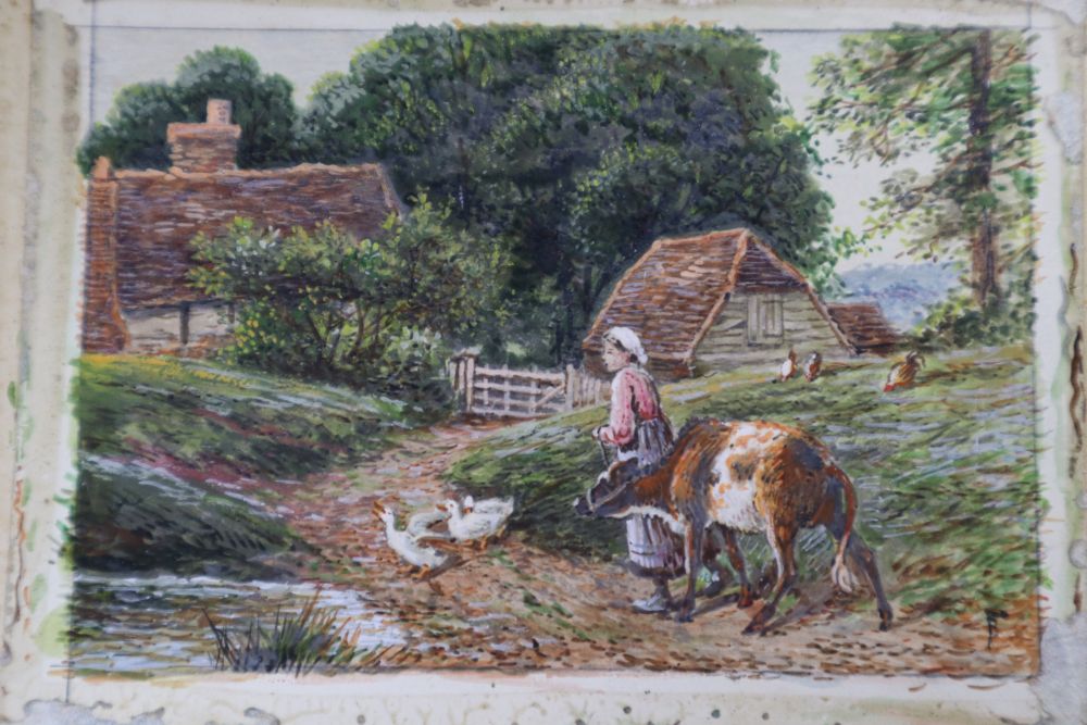 After Birket Foster, watercolour, Girl and calf in a landscape, bears monogram, 6.5 x 10cm, unframed